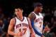Feb. 20, 2012; New York, NY, USA; New York Knicks point guard Jeremy Lin (17) and small forward Carmelo Anthony (7) react during the first half against the New Jersey Nets at Madison Square Garden. Mandatory Credit: Debby Wong-USA TODAY Sports