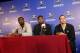 TAIPEI, TAIWAN - OCTOBER 11: Roy Hibbert #55, Paul George #24 and Head Coach Frank Vogel of the Indiana Pacers addresses the media during Media Availability during the 2013 Global Games on October 11, 2013 at the Regent Hotel in Taipei, Taiwan. NOTE TO U