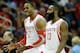 HOUSTON, TX - NOVEMBER 11: Dwight Howard #12 and James Harden #13 of the Houston Rockets walk off the court during the game against the Toronto Raptors at Toyota Center on November 11, 2013 in Houston, Texas. NOTE TO USER: User expressly acknowledges and