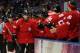 SOCHI, RUSSIA - FEBRUARY 15: Simon Bodenmann #23 of Switzerland celebrates with his teammates after scoring a goal in the first period against Ondrej Pavelec #31 of the Czech Republic during the Men's Ice Hockey Preliminary Round Group C game on day eigh