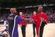 SACRAMENTO, CA - FEBRUARY 1: Michael Jordan #23 of the Chicago Bulls greets Mitch Richmond #2 of the Sacramento Kings on February 1, 1996 at Arco Arena in Sacramento, California. NOTE TO USER: User expressly acknowledges and agrees that, by downloading a