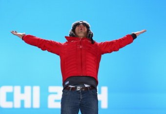 SOCHI, RUSSIA - FEBRUARY 15:  Gold medalist Sandro Viletta of Switzerland celebrates on the podium during the medal ceremony for the Alpine Skiing Men's Super Combined on day 8 of the Sochi 2014 Winter Olympics at Medals Plaza on February 15, 2014 in Soch