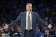 Feb 11, 2014; Los Angeles, CA, USA; Los Angeles Lakers coach Mike D'Antoni reacts during the game against the Utah Jazz at Staples Center. The Jazz defeated the Lakers 96-79. Mandatory Credit: Kirby Lee-USA TODAY Sports