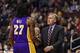 Feb 7, 2014; Philadelphia, PA, USA; Los Angeles Lakers head coach Mike D'Antoni talks with forward Jordan Hill (27) during the second quarter against the Philadelphia 76ers at the Wells Fargo Center. The Lakers defeated the Sixers 112-98. Mandatory Credit