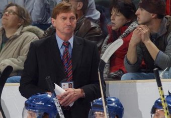 GRAND FORKS, ND - DECEMBER 30: Coach Alois Hadamczik of the Czech Republic looks on from behind the bench against Team USA during the during the World Junior Hockey Championship tournament at the Ralph Englestad Arena on December 30, 2004 in Grand Forks,