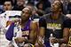 Mar 15, 2013; Indianapolis, IN, USA; Los Angeles Lakers guard Kobe Bryant (24) and center Dwight Howard (12) watch from the bench during a game against the Indiana Pacers at Bankers Life Fieldhouse. Los Angeles Lakers defeated the Indiana Pacers 99-93.