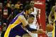 HOUSTON, TX - JANUARY 8: Pau Gasol #16 of the Los Angeles Lakers works the ball against Jeremy Lin #7 of the Houston Rockets during the game at the Toyota Center on January 8, 2014 in Houston, Texas. NOTE TO USER: User expressly acknowledges and agrees t