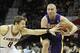 Feb 5, 2014; Cleveland, OH, USA; Los Angeles Lakers point guard Steve Blake (right) dribbles the ball as Cleveland Cavaliers shooting guard Matthew Dellavedova defends in the third quarter at Quicken Loans Arena. Mandatory Credit: David Richard-USA TODAY