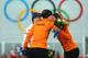 SOCHI, RUSSIA - FEBRUARY 19: (L-R) Gold medalist Martina Sablikova of the Czech Republic, silver medalist Ireen Wust of the Netherlands and bronze medalist Carien Kleibeuker of the Netherlands celebrate on the podium during the flower ceremony for the Sp