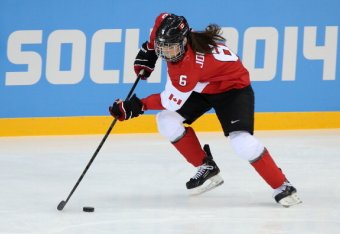 SOCHI, RUSSIA - FEBRUARY 12:  Rebecca Johnston #6 of Canada warms up prior to the Women's Ice Hockey Preliminary Round Group A game against the United States on day five of the Sochi 2014 Winter Olympics at Shayba Arena on February 12, 2014 in Sochi, Russ
