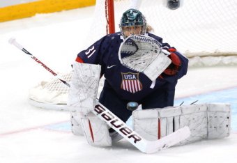 SOCHI, RUSSIA - FEBRUARY 17: Jessie Vetter #31 of the United States makes a save in the first period against Sweden during the Women's Ice Hockey Playoffs Semifinal game on day ten of the Sochi 2014 Winter Olympics at Shayba Arena on February 17, 2014 in 