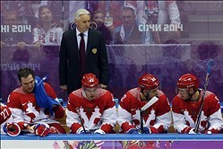 Feb 15, 2014; Sochi, RUSSIA; Russia head coach Zinetula Bilyaletdinov in a men's preliminary round ice hockey game during the Sochi 2014 Olympic Winter Games at Bolshoy Ice Dome. Mandatory Credit: Winslow Townson-USA TODAY Sports