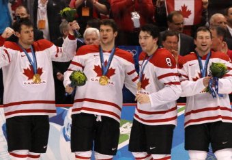 VANCOUVER, BC - FEBRUARY 28:  (L-R) Shea Weber #6, Brent Seabrook #7, Drew Doughty #8 and Brenden Morrow #10 of Canada celebrate after the ice hockey men's gold medal game between USA and Canada on day 17 of the Vancouver 2010 Winter Olympics at Canada Ho
