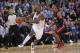 Feb 12, 2014; Oakland, CA, USA; Golden State Warriors forward Harrison Barnes (40) moves past Miami Heat guard Ray Allen (34) in the third quarter at Oracle Arena. The Heat defeated the Warriors 111-110. Mandatory Credit: Cary Edmondson-USA TODAY Sports