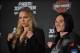 April 13, 2013; Las Vegas, NV, USA; Ronda Rousey (left) poses for photographs with Cat Zingano following the TUF 17 Finale at the Mandalay Bay Events Center. Mandatory Credit: Gary A. Vasquez-USA TODAY Sports