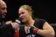 Feb 22, 2014; Las Vegas, NV, USA; Ronda Rousey following her victory in the bantamweight championship match against Sara McMann of UFC 170 at Mandalay Bay. Mandatory Credit: Stephen R. Sylvanie-USA TODAY Sports
