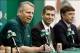 Jul 5, 2013; Waltham, MA, USA; General Manager Danny Ainge talks about hiring new Boston Celtics head coach Brad Stevens, center, as owner Wyc Grousbeck, right, listens in during a news conference announcing Stevens new position. Mandatory Credit: Winslow