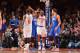 NEW YORK, NY - JANUARY 22: J.R. Smith #8 high fives Tim Hardaway Jr. #5 of the New York Knicks against the Philadelphia 76ers during the game on January 22, 2014 at Madison Square Garden in New York City, New York. NOTE TO USER: User expressly acknowled
