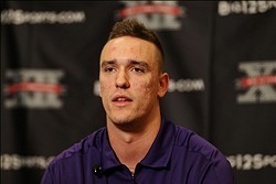 Jul 23, 2012; Dallas, TX, USA; TCU Horned Frogs quarterback Casey Pachall speaks to reporters during Big 12 Media Day at the Westin Galleria.  Mandatory Credit: Kevin Jairaj-USA TODAY Sports