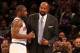 Jan 27, 2013; New York, NY, USA; New York Knicks head coach Mike Woodson talks with point guard Raymond Felton (2) during the third quarter against the Atlanta Hawks at Madison Square Garden. Knicks won 106-104. Mandatory Credit: Anthony Gruppuso-USA T