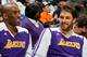 ATLANTA, GA - DECEMBER 16: Kobe Bryant #24 and Pau Gasol #16 of the Los Angeles Lakers enjoy a laugh during the first half against the Atlanta Hawks at Philips Arena on December 16, 2013 in Atlanta, Georgia. NOTE TO USER: User expressly acknowledges and