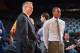 NEW YORK, NY - APRIL 20: Danny Ainge, president of Basketball Operations for the Boston Celtics, left, stands on court with Rajon Rondo #9 before Game One of the Eastern Conference Quarterfinals between the Celtics and New York Knicks during the 2013 NBA