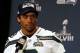 Jan 29, 2014; Jersey City, NJ, USA; Seattle Seahawks quarterback Russell Wilson (3) during a press conference for Super Bowl XLVIII at The Westin. Mandatory Credit: Noah K. Murray-USA TODAY Sports
