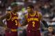 Oct 17, 2012; Philadelphia, PA, USA; Cleveland Cavaliers guard Kyrie Irving (2) talks with guard Dion Waiters (3) during the second quarter against the Philadelphia 76ers at the Wachovia Center. Mandatory Credit: Howard Smith-USA TODAY Sports