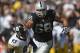 Sep 23, 2012; Oakland, CA, USA; Oakland Raiders tackle Jared Veldheer (68) defends against Pittsburgh Steelers linebacker Jason Worilds (93) at the O.co Coliseum. The Raiders defeated the Steelers 34-31. Mandatory Credit: Kirby Lee/Image of Sport-USA TODA