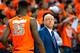 CHARLOTTESVILLE, VA - MARCH 01: Head coach Jim Boeheim of the Syracuse Orange looks in the direction of Rakeem Christmas #25 during the first half at John Paul Jones Arena on March 1, 2014 in Charlottesville, Virginia. (Photo by Rich Barnes/Getty Images