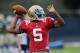 Jan 3, 2013; Miami, FL, USA; Notre Dame Fighting Irish quarterback Everett Golson (5) throws a pass during practice for the 2013 BCS National Championship game against the Alabama Crimson Tide at Nova Southeastern University. Mandatory Credit: Steve Mitch
