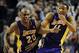 Mar 3, 2014; Portland, OR, USA; Los Angeles Lakers small forward Wesley Johnson (11) celebrates with shooting guard Jodie Meeks (20) after he hit the game winning shot late in the fourth quarter of the game against the Portland Trail Blazers at the Moda