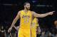 Feb 19, 2014; Los Angeles, CA, USA; Los Angeles Lakers guard Kendall Marshall (12) reacts against the Houston Rockets at Staples Center. The Rockets defeated the Lakers 134-108. Mandatory Credit: Kirby Lee-USA TODAY Sports