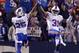 ORCHARD PARK, NY - NOVEMBER 15: Jairus Byrd #31 and Da'Norris Searcy #25 of the Buffalo Bills celebrate Byrd's interception in the fourth quarter against the Miami Dolphins at Ralph Wilson Stadium on November 15, 2012 in Orchard Park, New York. Buffalo