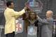 CANTON, OH - AUGUST 04: Charlie Sanders (L) and Detroit Lions owner William Clay Ford, Sr. unveil Sanders' bust during the Class of 2007 Pro Football Hall of Fame Enshrinement Ceremony August 4, 2007 in Canton, Ohio. (Photo by Al Messerschmidt/Getty Image