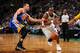 BOSTON, MA - MARCH 5: Rajon Rondo #9 of the Boston Celtics drives against Stephen Currry #30 of the Golden State Warriors on March 5, 2014 at the TD Garden in Boston, Massachusetts. NOTE TO USER: User expressly acknowledges and agrees that, by downloadin