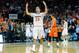 CHARLOTTESVILLE, VA - MARCH 01: London Perrantes #23 of the Virginia Cavaliers celebrates against the Syracuse Orange during the second half at John Paul Jones Arena on March 1, 2014 in Charlottesville, Virginia. Virginia defeated Syracuse 75-56. (Phot