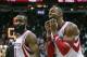 Feb 12, 2014; Houston, TX, USA; Houston Rockets shooting guard James Harden (13) and center Dwight Howard (12) react after defeating the Washington Wizards 113-112 at Toyota Center. Mandatory Credit: Troy Taormina-USA TODAY Sports