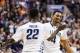 Jan 26, 2013; Philadelphia, PA, USA; Villanova Wildcats guard Darrun Hilliard (4) celebrates with forward JayVaughn Pinkston (22) during overtime against the Syracuse Orange at the Wells Fargo Center. Villanova defeated Syracuse 75-71. Mandatory Credit: H
