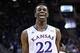 Mar 13, 2014; Kansas City, MO, USA; Kansas Jayhawks guard Andrew Wiggins (22) celebrates after scoring during the second half against the Oklahoma State Cowboys in the second round of the Big 12 Conference college basketball tournament at Sprint Center. K