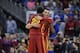 Mar 14, 2014; Kansas City, MO, USA; Iowa State Cyclones forward Dustin Hogue (22) and guard Naz Long (15) celebrate during the second half against the Kansas Jayhawks in the semifinals of the Big 12 Conference college basketball tournament at Sprint Cente