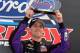 BRISTOL, TN - MARCH 14: Denny Hamlin, driver of the #11 FedEx Freight Toyota, holds up the pole award after qualifying for the pole position for the NASCAR Sprint Cup Series Food City 500 at Bristol Motor Speedway on March 14, 2014 in Bristol, Tennessee.