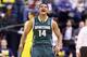 INDIANAPOLIS, IN - MARCH 16: Gary Harris #14 of the Michigan State Spartans celebrates during the 69-55 win over the Michigan Wolverines during the finals of the Big Ten Basketball Tournament at Bankers Life Fieldhouse on March 16, 2014 in Indianapolis,