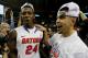 ATLANTA, GA - MARCH 16: Scottie Wilbekin #5 and Casey Prather #24 of the Florida Gators celebrate their 61 to 60 win over the Kentucky Wildcats in the Championship game of the 2014 Men's SEC Basketball Tournament at Georgia Dome on March 16, 2014 in Atla