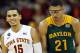 KANSAS CITY, MO - MARCH 15: Naz Long #15 of the Iowa State Cyclones smiles as Isaiah Austin #21 of the Baylor Bears looks down as time runs out during the Big 12 Basketball Tournament final game at the Sprint Center on March 15, 2014 in Kansas City, Miss