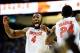 Mar 16, 2014; Atlanta, GA, USA; Florida Gators center Patric Young (4) and forward Casey Prather (24) react as time expires and their team defeat the Kentucky Wildcats in the championship game for the SEC college basketball tournament at Georgia Dome. Fl