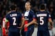 PARIS, FRANCE - MARCH 12: Zlatan Ibrahimovic (C) of PSG speaks to team mates Thiago Silva and Marquinhos during the UEFA Champions League Round of 16 second leg match between Paris Saint-Germain FC and Bayer Leverkusen at Parc des Princes on March 12, 20
