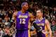 TORONTO, CANADA - JANUARY 20: Dwight Howard #12 and Steve Nash #10 of the Los Angeles Lakers speak during a game against the Toronto Raptors on January 20, 2013 at the Air Canada Centre in Toronto, Ontario, Canada. NOTE TO USER: User expressly acknowledg
