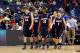 COLUMBUS, OH - MARCH 16: Mick Hedgepeth #34, J.J. Mann #14, Ian Clark #21 and Drew Hanlen #1 of the Belmont Bruins walk back on court after a time-out in the second half of the game against the Georgetown Hoyas during the second round of the 2012 NCAA Me
