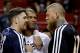 Mar 21, 2014; Miami, FL, USA; Memphis Grizzlies forward Mike Miller (left) talks with former teammates Miami Heat forward Shane Battier (center) and forward Chris Andersen (right) in the before a game at American Airlines Arena. Mandatory Credit: Robert M